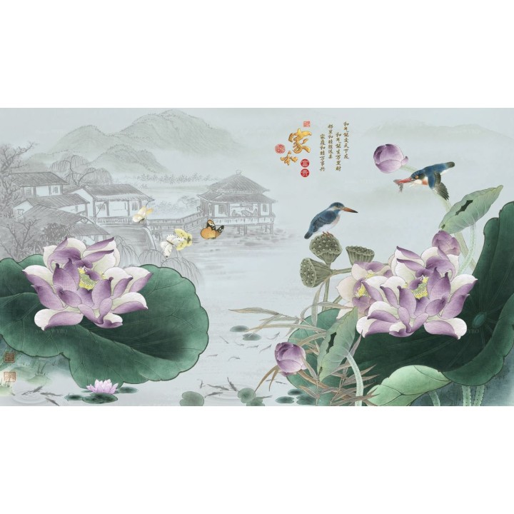 Tapis Chinois Floral Descente de Lit Paysage Zen Oiseau Bleu Lotus Violet