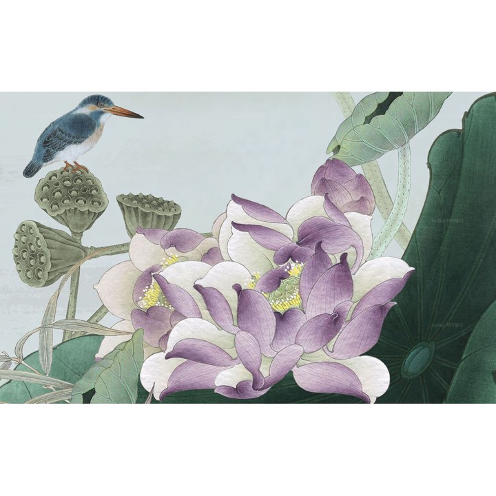 Tapis Chinois Floral Descente de Lit Paysage Zen Oiseau Bleu Lotus Violet