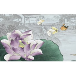 Tapis chinoiserie fleurs et oiseaux - Paysage avec lotus violet, oiseaux bleu et papillons