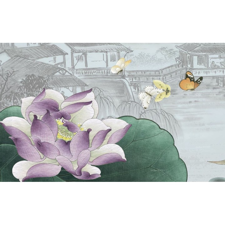 Tapis Chinois Floral Descente de Lit Paysage Zen Oiseau Bleu Lotus Violet