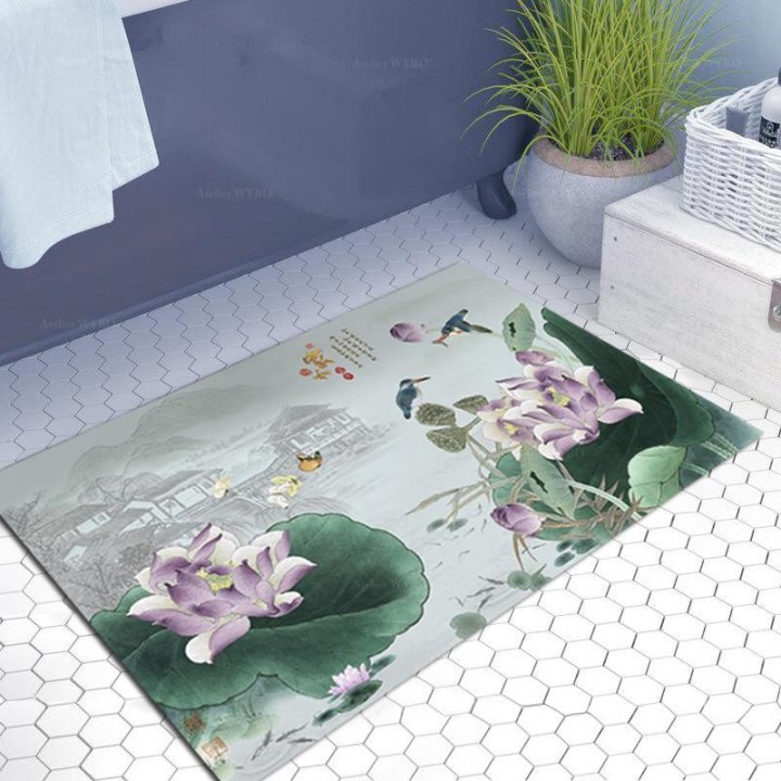 Tapis Chinois Floral Descente de Lit Paysage Zen Oiseau Bleu Lotus Violet