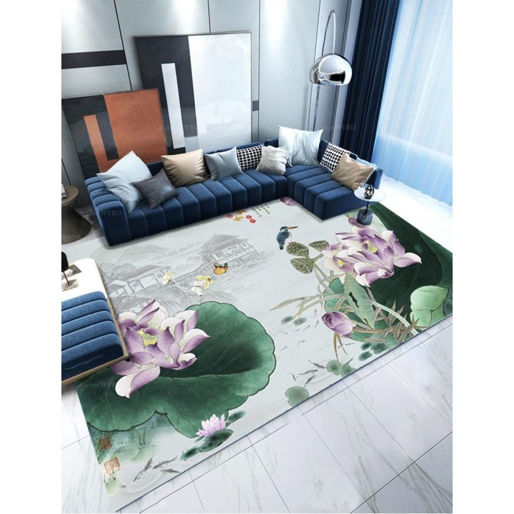 Tapis Chinois Floral Descente de Lit Paysage Zen Oiseau Bleu Lotus Violet