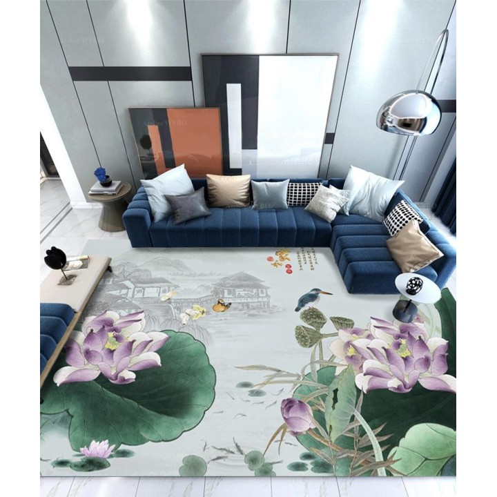 Tapis Chinois Floral Descente de Lit Paysage Zen Oiseau Bleu Lotus Violet
