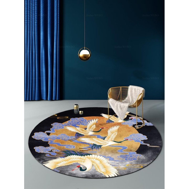 Tapis rond japonais oiseaux mythiques fond noir installé dans un coin de repos.
