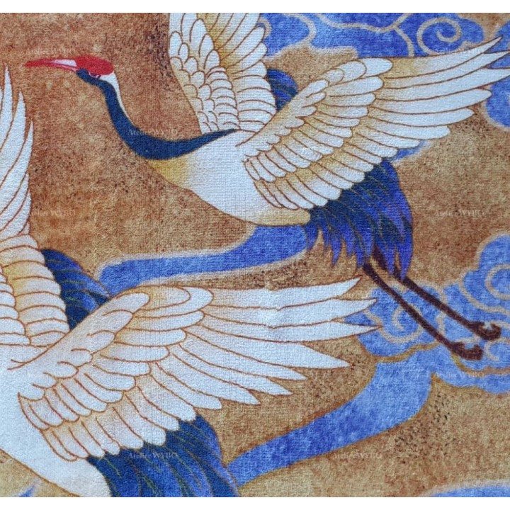 Tapis chinois traditionnel grue au sommet vermillon symbole de la longévité.
