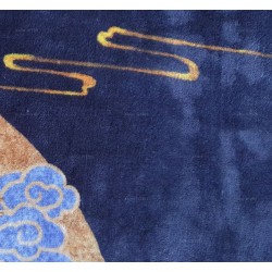 Tapis asiatique traditionnel nuage bleu doré, velours doux et lavable.