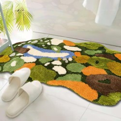 Tapis salle de bain velours en relief absorbant, mousse verte, lichen orange.