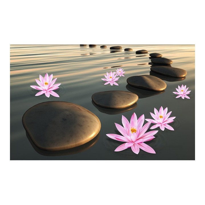 revêtement de sol PVC vinyle auto-adhésif trompe l'oeil effet 3D personnalisé paysage zen les lotus au coucher du soleil