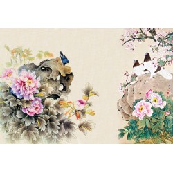 Papier peint tapisserie asiatique aspect ancien  - Les pivoines, les fleurs de cerisier et les oiseaux