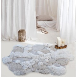 Tapis chambre sur mesure mousse et lichen gris forme libre, velours épais en relief tufté à la main.