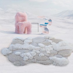 Tapis de designer contemporain inspiré par la neige, laine épaisse en relief, tufting à la main.