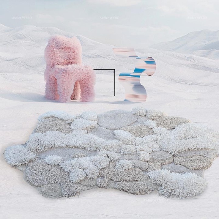 Tapis de designer contemporain inspiré par la neige, laine épaisse en relief, tufting à la main.