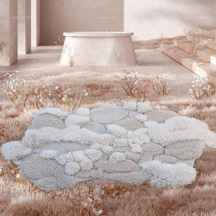 Tapis 3D de créateur contemporain teinte grise, en laine de Nouvelle-Zélande en relief fait à la main.