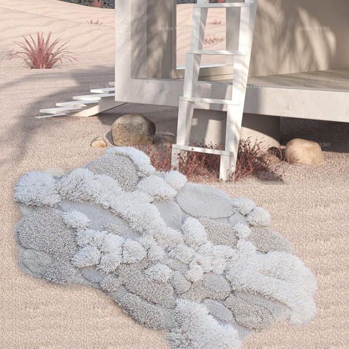 Tapis en relief design moderne pour salon séjour chambre et bureau, couleur blanc cassé et gris clair, fabriqué à la main.