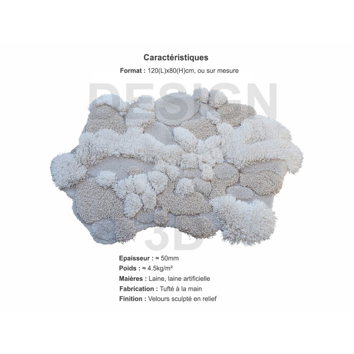 Tapis épais design 3D en relief forme libre, neige blanche sur rocher gris.