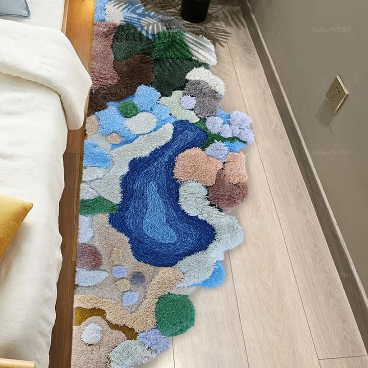 Tapis Descente De Lit Forme De Vague Lac Bleu Mousse Lichen En Relief