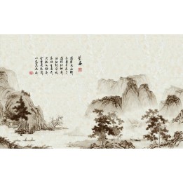 papier peint tapisserie asiatique en noir et blanc paysage avec poème sur marbre