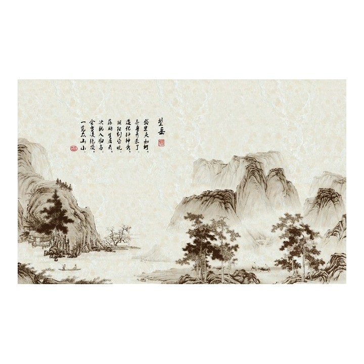 papier peint tapisserie asiatique en noir et blanc paysage avec poème sur marbre