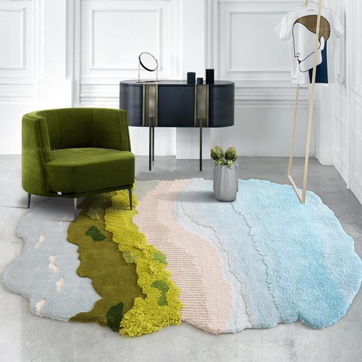 Osez un tapis original en relief dans votre salle de séjour. Ciel bleu, mer bleue, cocotiers verts, plage beige.