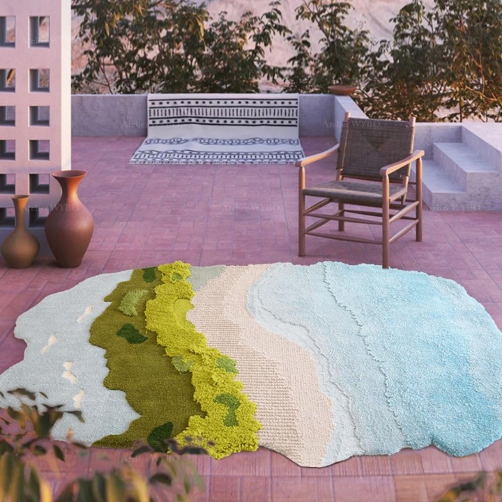 Tapis Bleu en Relief Design Contemporain Fait A La Main Plage Tropicale