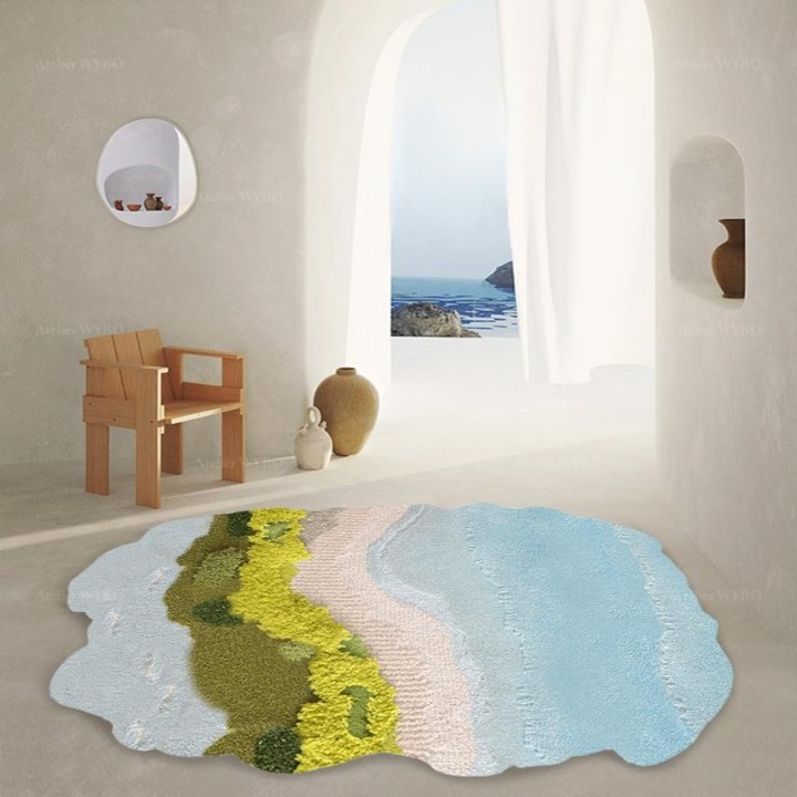 Tapis bleu en relief salle d'attente, joli plage tropicale avec l'arrivée de vague et végétation.