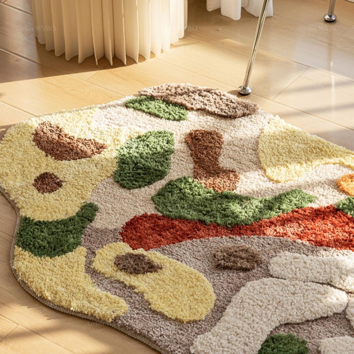 Tapis épais mousse et lichen poil long toucher très doux, velours absorbant en relief.
