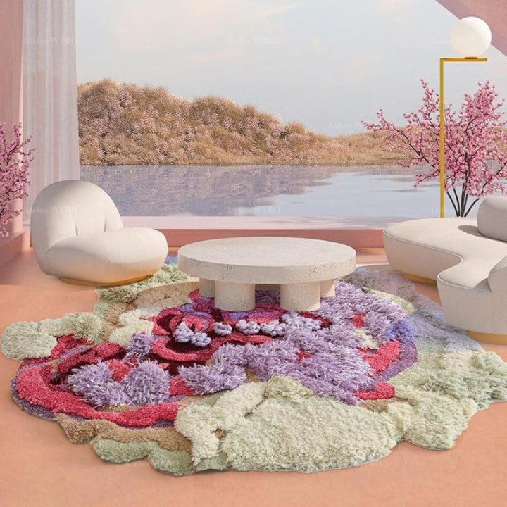 Tapis Salon Floral Forme de Cœur Design 3D En Relief Fleur Rose Mauve