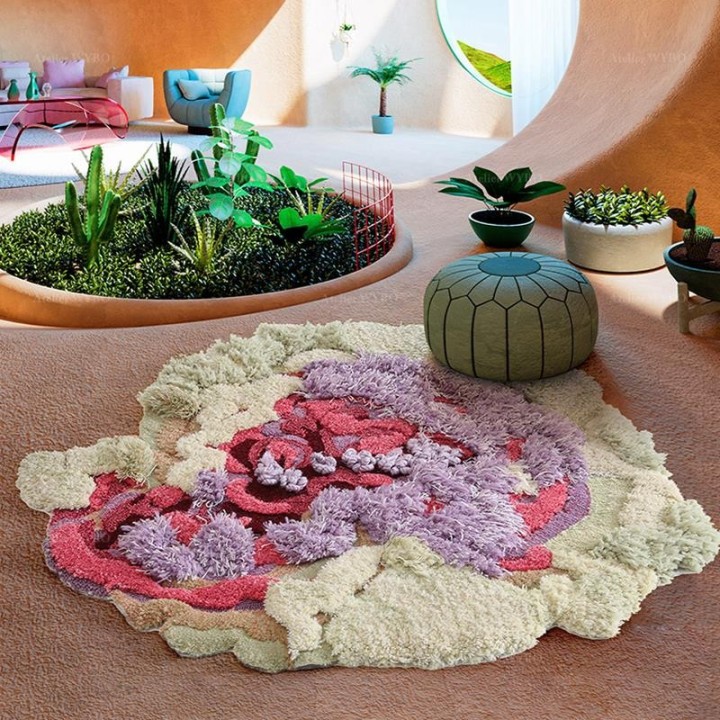 Tapis Salon Floral Forme de Cœur Design 3D En Relief Fleur Rose Mauve
