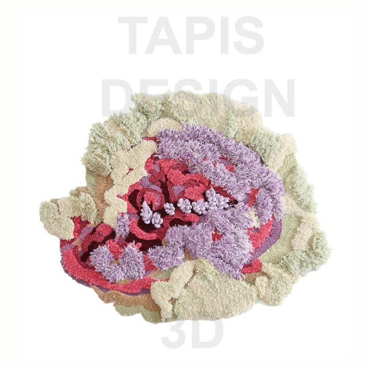 Tapis Salon Floral Forme de Cœur Design 3D En Relief Fleur Rose Mauve