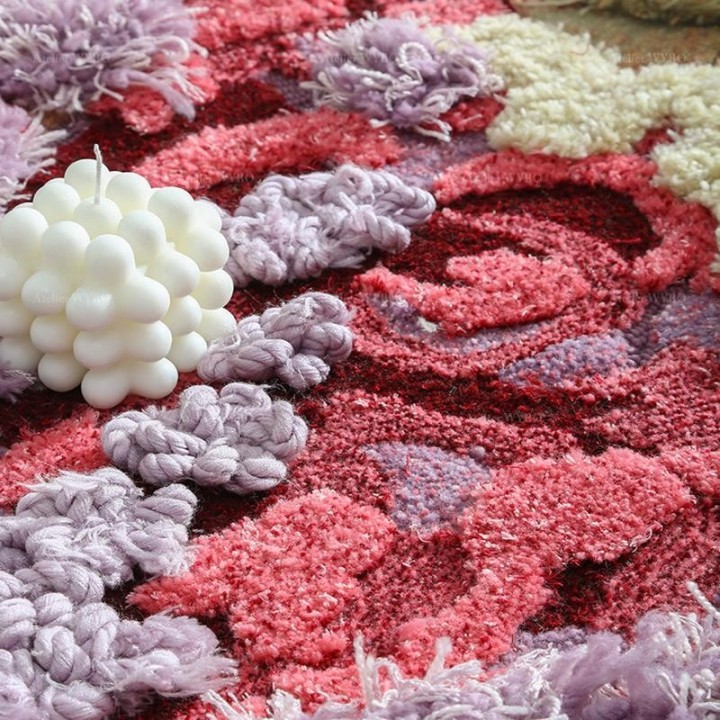 Tapis Salon Floral Forme de Cœur Design 3D En Relief Fleur Rose Mauve