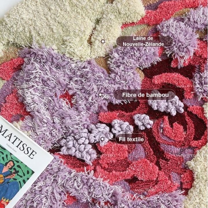 Tapis Salon Floral Forme de Cœur Design 3D En Relief Fleur Rose Mauve