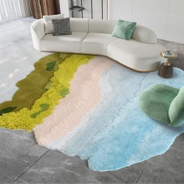 Tapis de salon ambiance vacances mer tropicale plage beige, végétation abondante et ciel bleu.