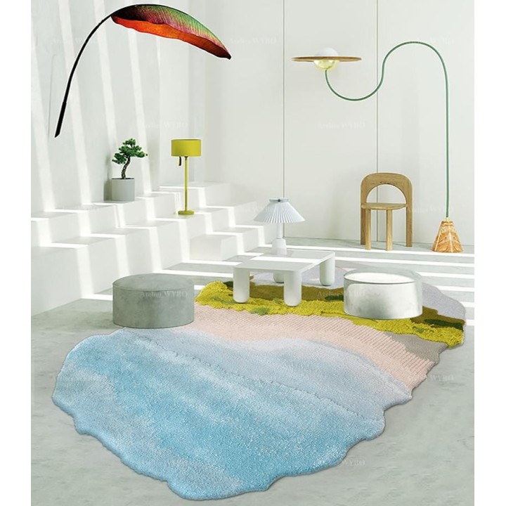 Tapis d'artiste dans un salon contemporain, paysage tropical mer bleue, pièce unique sur mesure fait à la main.