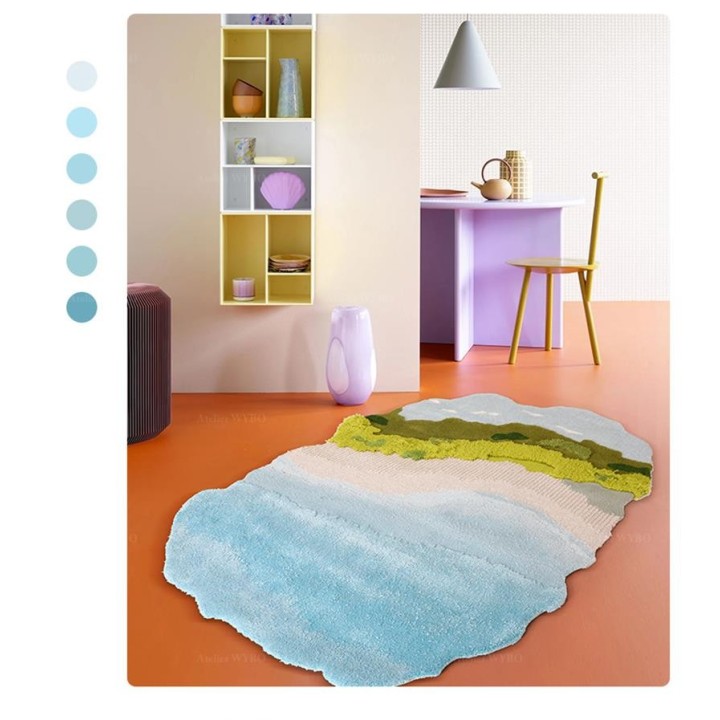 Tapis 3D plage tropicale design contemporain fait à la main velours sculpté en relief.