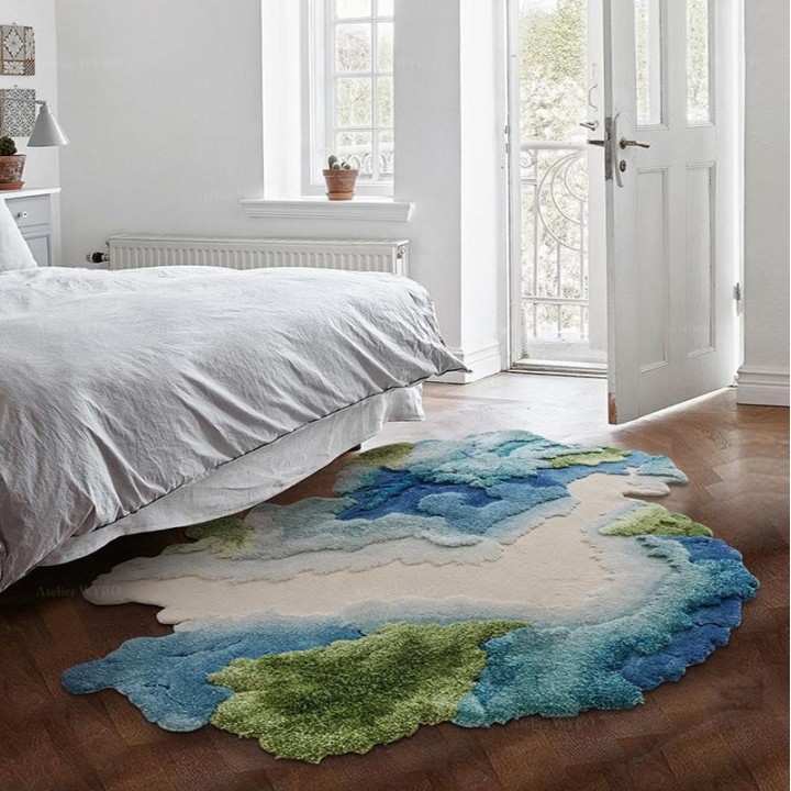 Tapis contemporain en relief tufté main paysage bleu vert turquoise beige