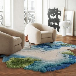 Tapis contemporain en relief tufté main paysage bleu vert turquoise beige