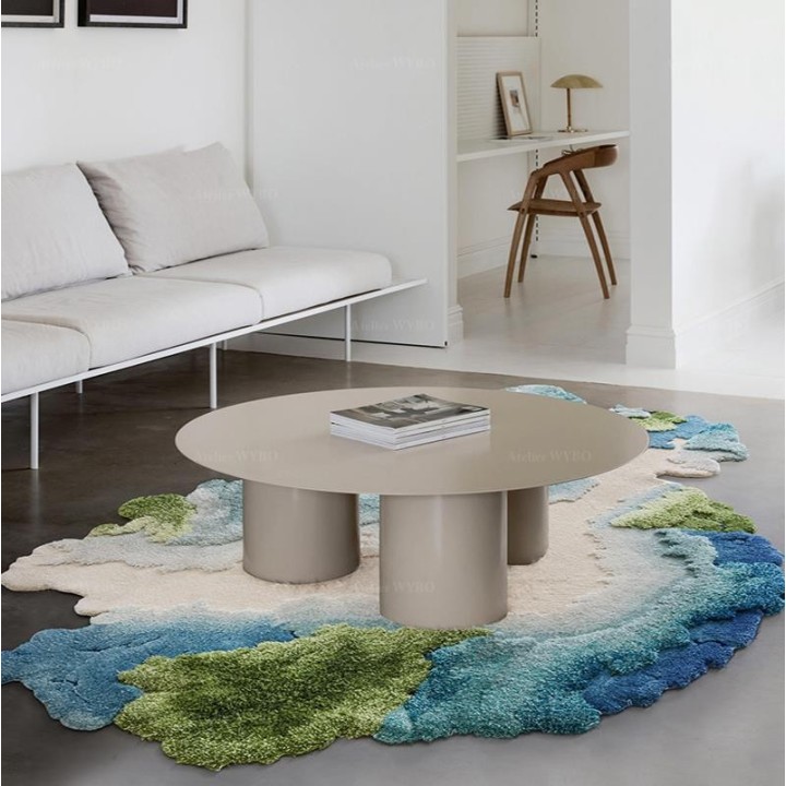 Tapis contemporain en relief tufté main paysage bleu vert turquoise beige