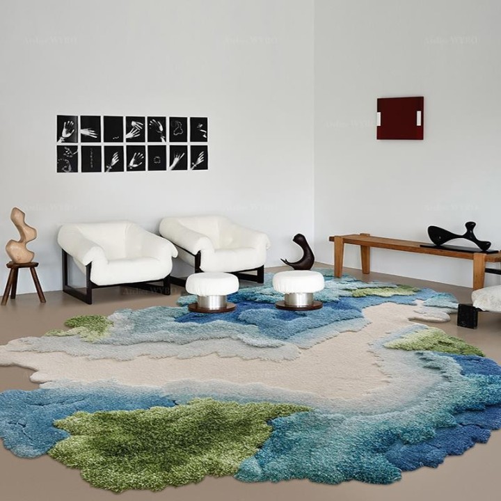 Tapis contemporain en relief tufté main paysage bleu vert turquoise beige