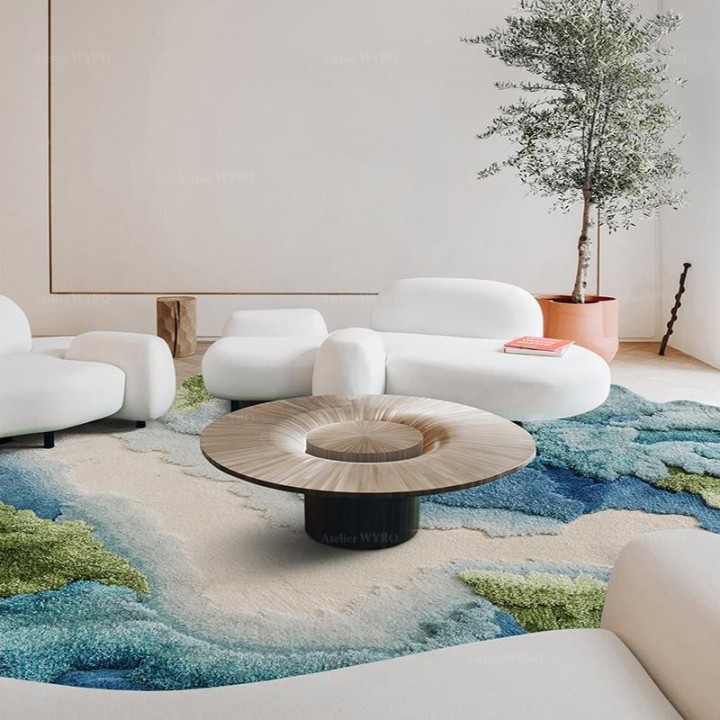 Tapis contemporain en relief tufté main paysage bleu vert turquoise beige