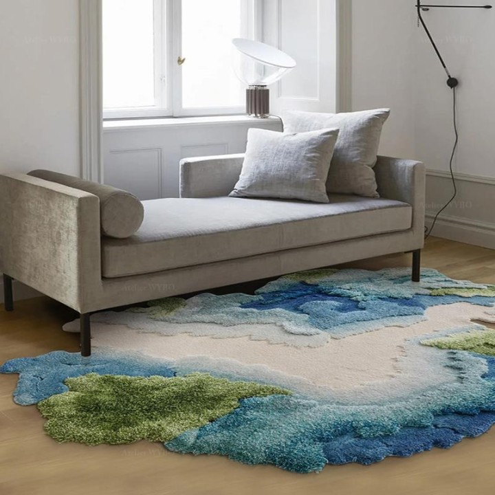 Tapis contemporain en relief tufté main paysage bleu vert turquoise beige