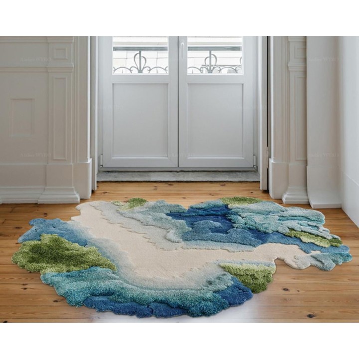 Tapis contemporain en relief tufté main paysage bleu vert turquoise beige