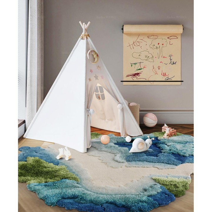 Tapis contemporain en relief tufté main paysage bleu vert turquoise beige