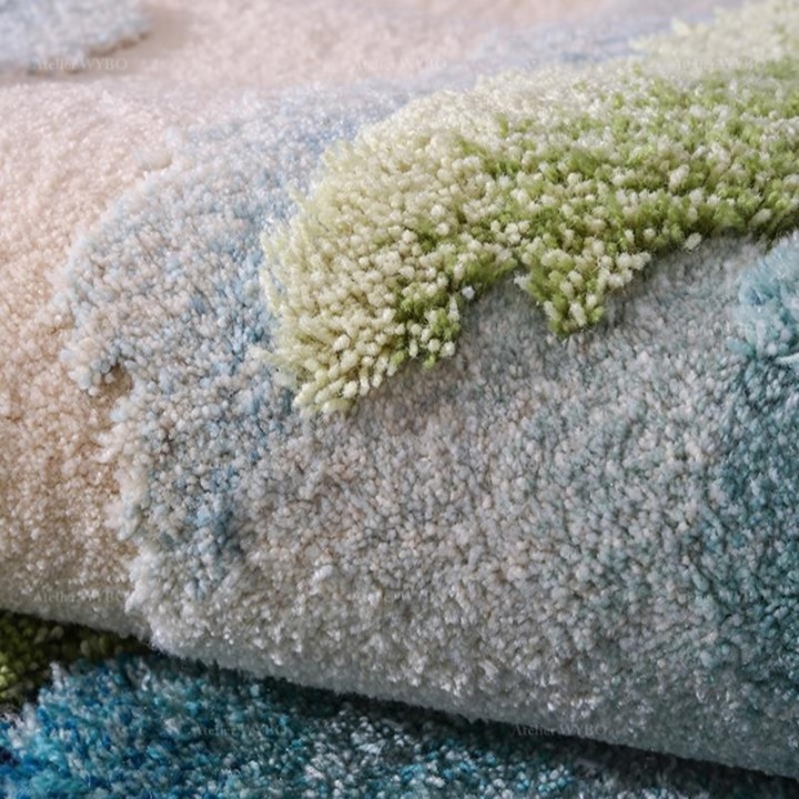 Tapis contemporain en relief tufté main paysage bleu vert turquoise beige