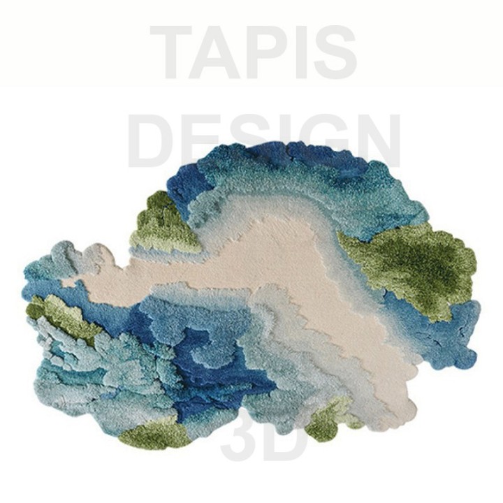 Tapis contemporain en relief tufté main paysage bleu vert turquoise beige