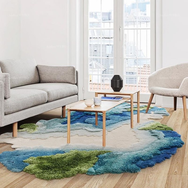 Tapis contemporain en relief tufté main paysage bleu vert turquoise beige