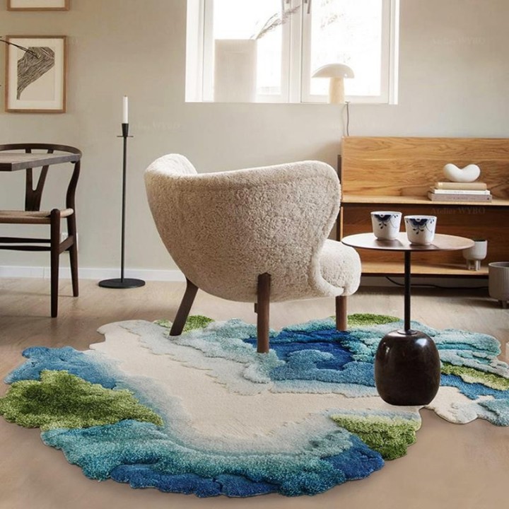 Tapis contemporain en relief tufté main paysage bleu vert turquoise beige