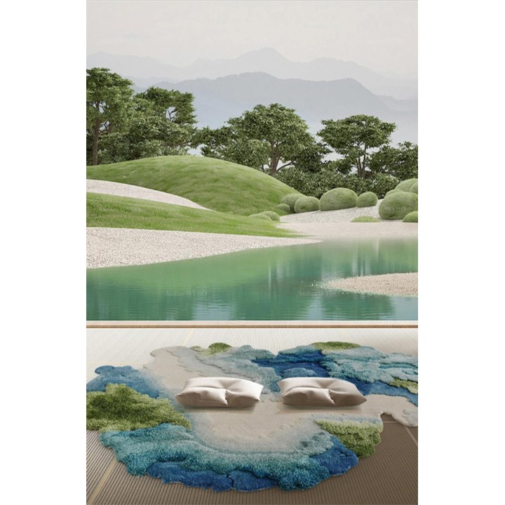 Tapis contemporain en relief tufté main paysage bleu vert turquoise beige