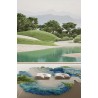 Tapis 3D design abstrait ton bleu et vert - Paysage de la montagne et la rivière