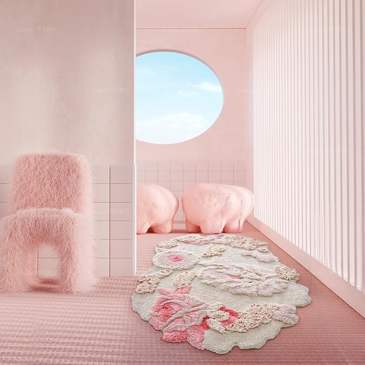 Tapis design moderne fleurs roses en relief pour salle d'attente.