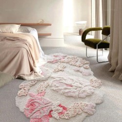 Tapis floral ton rose descente de lit romantique, laine de Nouvelle-Zélande fait à la main.